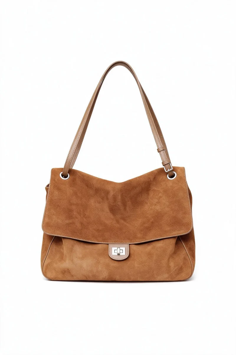 Suede Schulter Tote Bag mit Klappe und Drehverschluss
