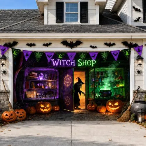 Großformatiger Halloween-Fotohintergrund aus wetterfestem Polyester mit geöstem Befestigungsrand und leuchtendem Haunted-House-Motiv