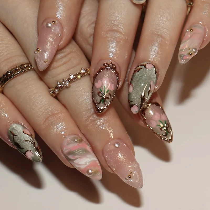 Künstlerisches floral-verziertes Press-On Nagelkunst-Set Brehn 1790636586