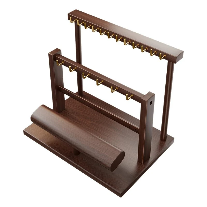 Holz-Dual-Tier-Schmuck-Organizer-Ständer mit Halskettenhaken und Armband-Präsentationsstange