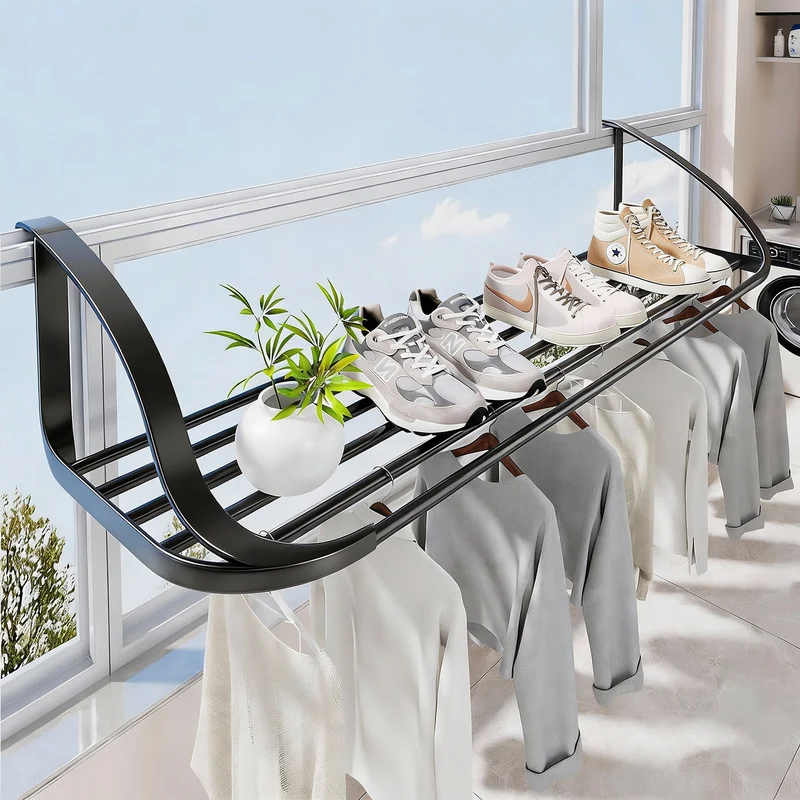 Fenster-Montierte Zusammenklappbare Trockenregal mit Mehrfach-Bar Schuh- und Bekleidungsregal