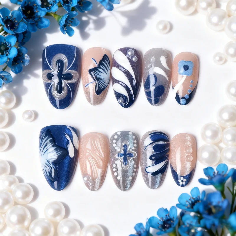 Künstlerisches florales Press-On-Nagelkunst-Set mit Perlenakzenten Brehn