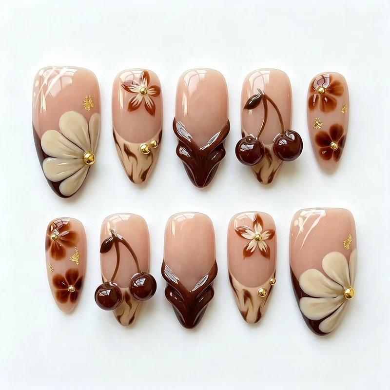 Künstlerisches florales und Kirsch-Press-On-Nageldesign-Set Brehn