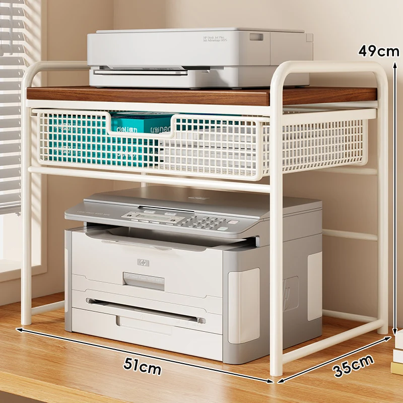 Zwei-Tier Metall- und Holzdruckerstand mit schiebbarer Mesh-Schublade und Unterregal-Speicher