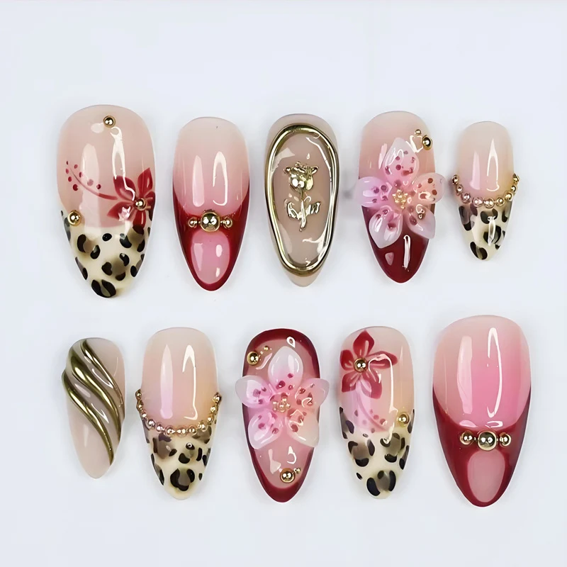 Künstlerisches dekoratives Press-On Nagel-Kunst-Set mit floralen und Leopardenmustern Brehn