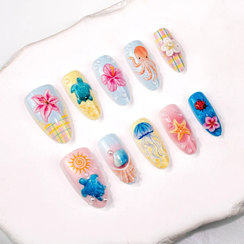 Künstlerisches 3D-Ozean-inspiriertes Press-On-Nagelkunst-Set Brehn