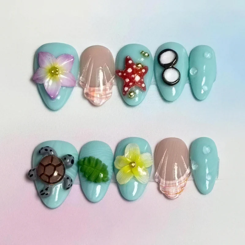 Künstlerisches, von Sommer inspiriertes Press-On Nagelkunst Set Brehn