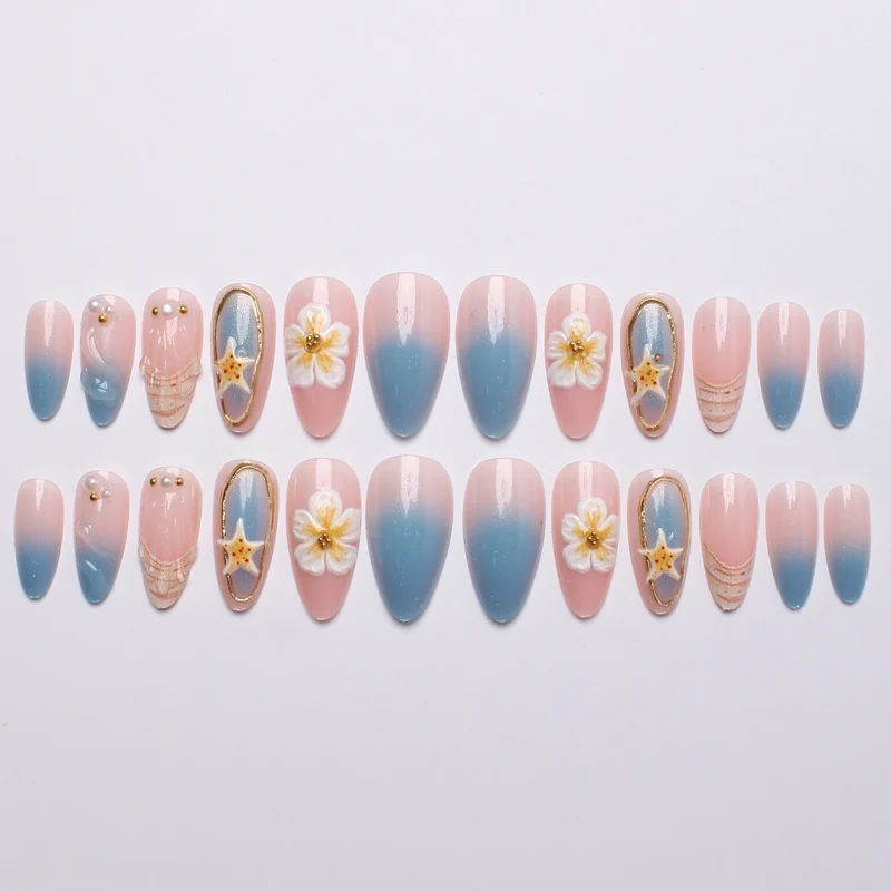 Künstlerisches Muschel- und Blumen-Press-On-Nagelkunst-Set Brehn