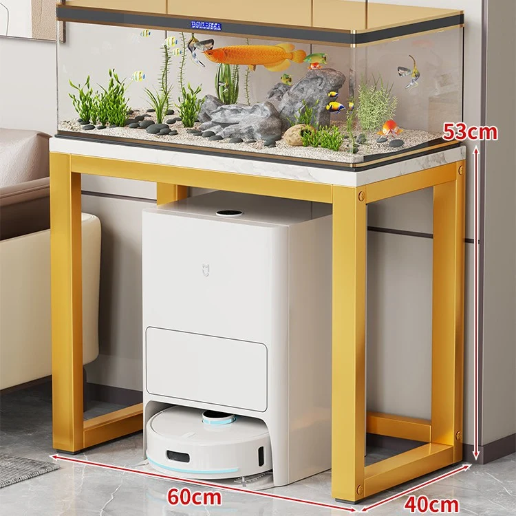 Gold-Metall-Aquarium-Konsole mit Kunstmarmorplatte und Robotersauger-Aufbewahrung
