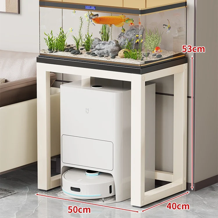 Gold-Metall-Aquarium-Konsole mit Kunstmarmorplatte und Robotersauger-Aufbewahrung