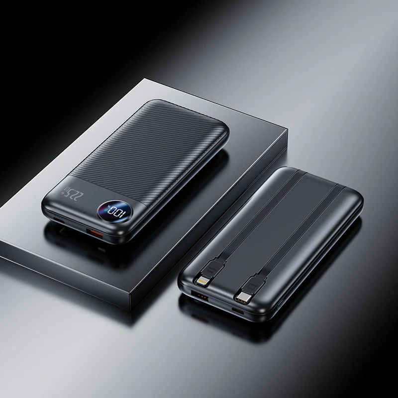 Tragbare Powerbank mit integrierten Ladekabeln und Digitalanzeige Skanto