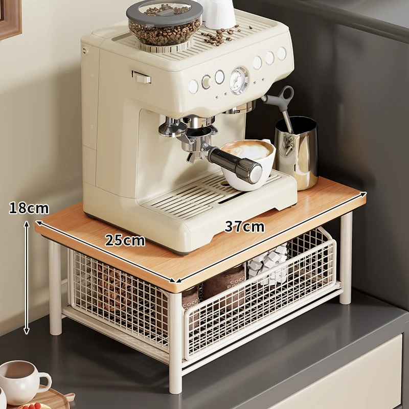 Kompakte Zwei-Ebenen-Countertop-Kaffee-Station-Organizer mit Holzoberfläche und herausziehbaren Drahtgitterkörben
