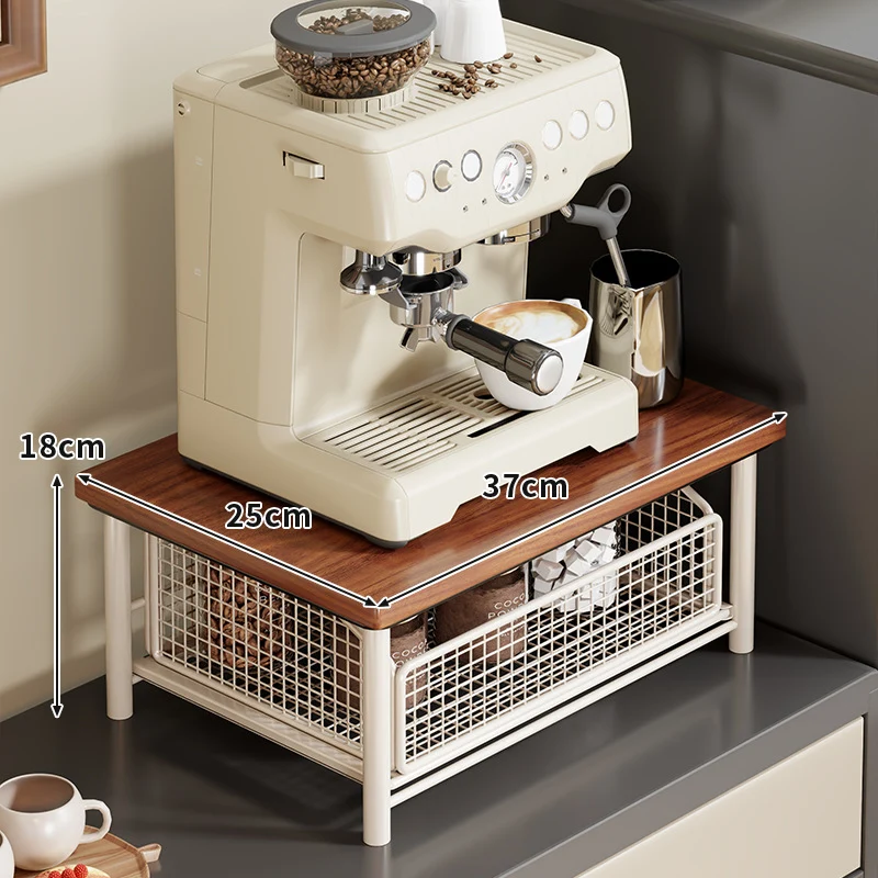 Kompakte Zwei-Ebenen-Countertop-Kaffee-Station-Organizer mit Holzoberfläche und herausziehbaren Drahtgitterkörben