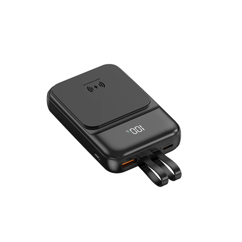 Tragbare Powerbank mit kabelloser Ladefunktion und integriertem Ladekabel Skanto