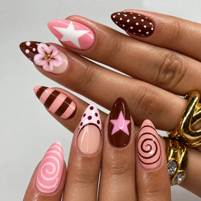 Kunstnagelset mit kreativen Mustern und einzigartigen Designs Brehn