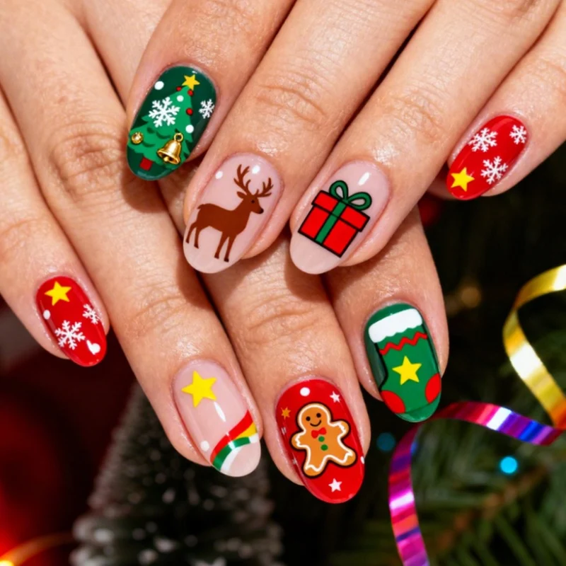 Kunstnagelset mit Weihnachtsmotiven und festlichen Designs Brehn