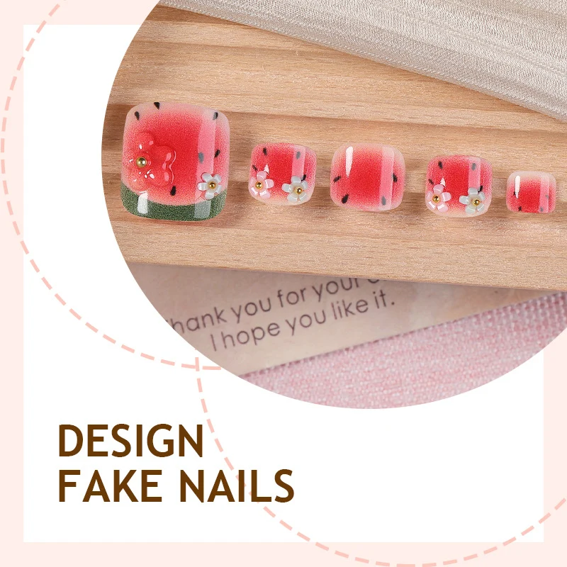 Kunstnagelset mit Wassermelonen-Design und floralen Akzenten Brehn