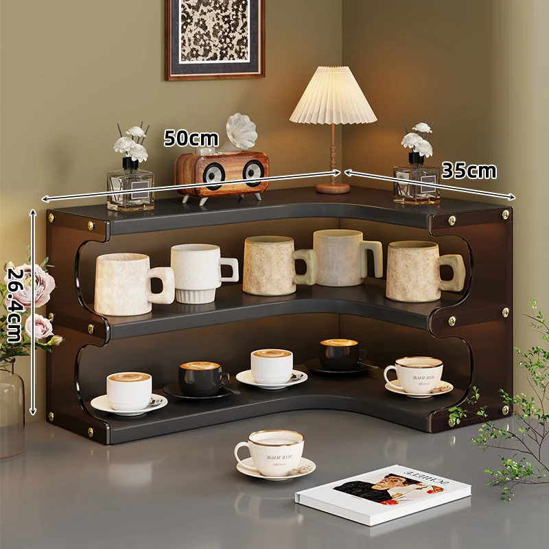 Eck-Dre tiers Holz Theke Anzeige Regal Organizer mit gebogenen Regalen und Messing Akzenten