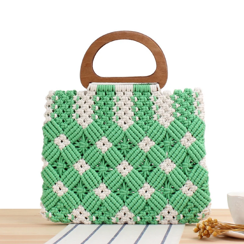 Makramee Tragetasche mit Holzgriffen und floralen Details Skanto