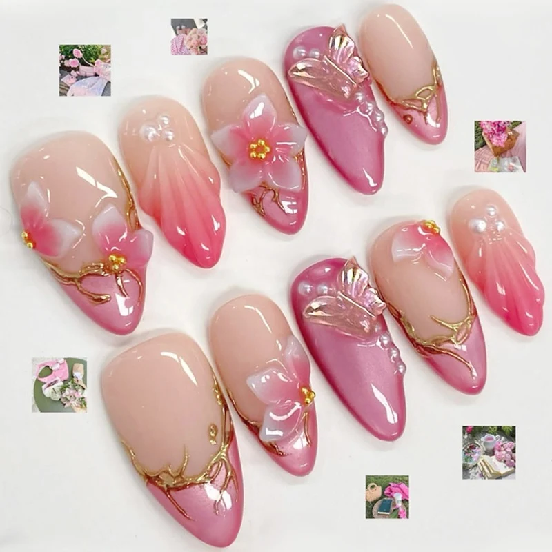 Kunstnagelset mit floralen 3D-Designs und eleganten Glanz-Akzenten Brehn