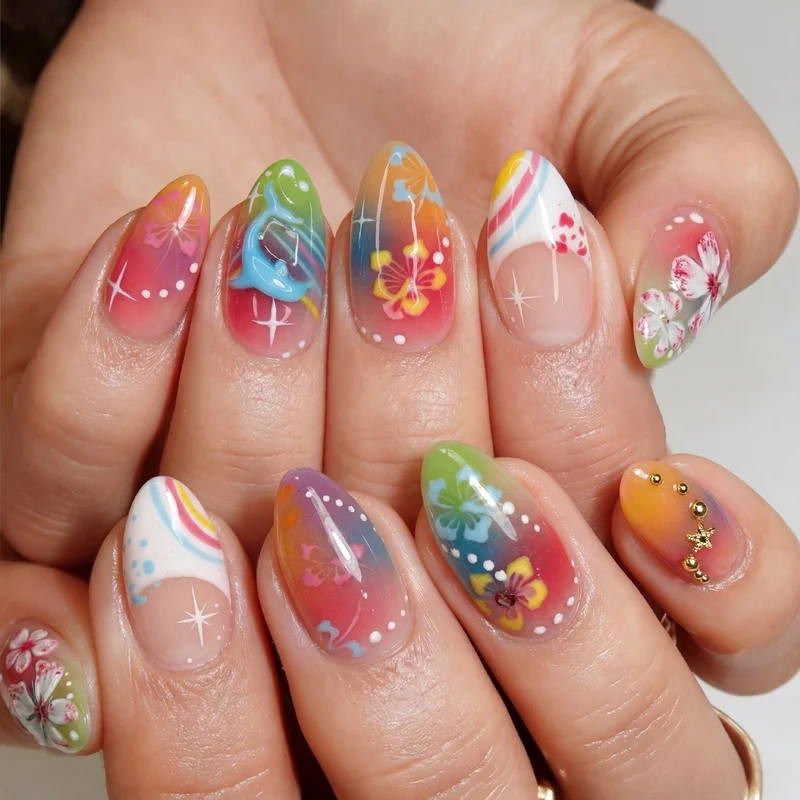 Kunstnagelset mit kreativen Blumen- und Regenbogenmustern Brehn