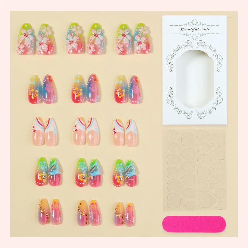 Kunstnagelset mit kreativen Blumen- und Regenbogenmustern Brehn