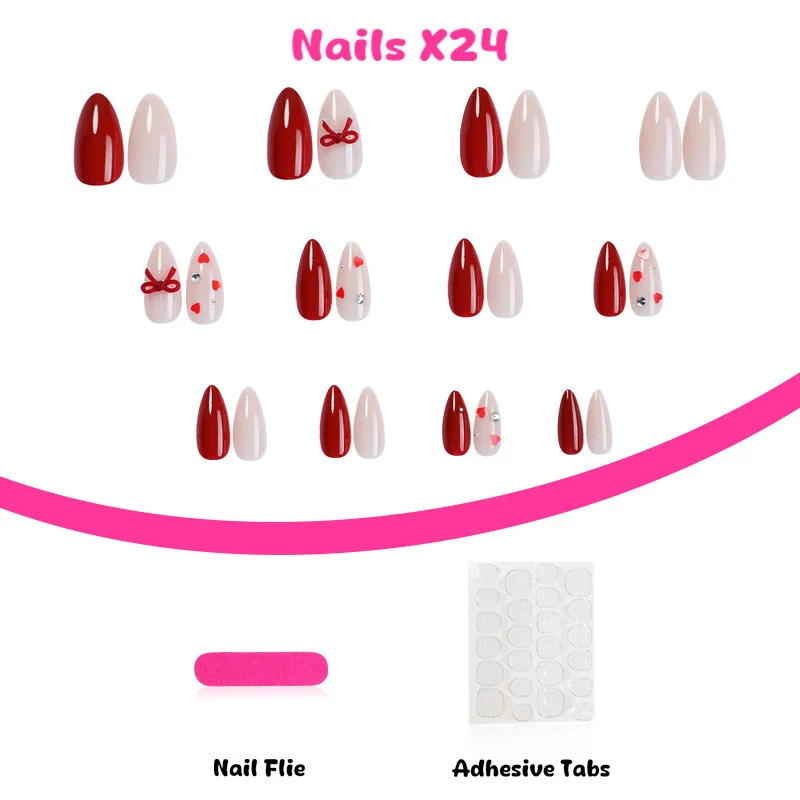 Kunstnagelset mit eleganten roten Details und Herzen Brehn