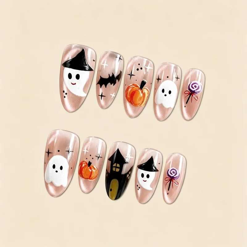Kunstnagelset mit fröhlichem Halloween-Motiv und künstlerischen Designs Brehn