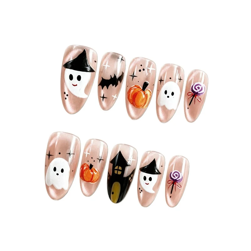 Kunstnagelset mit fröhlichem Halloween-Motiv und künstlerischen Designs Brehn