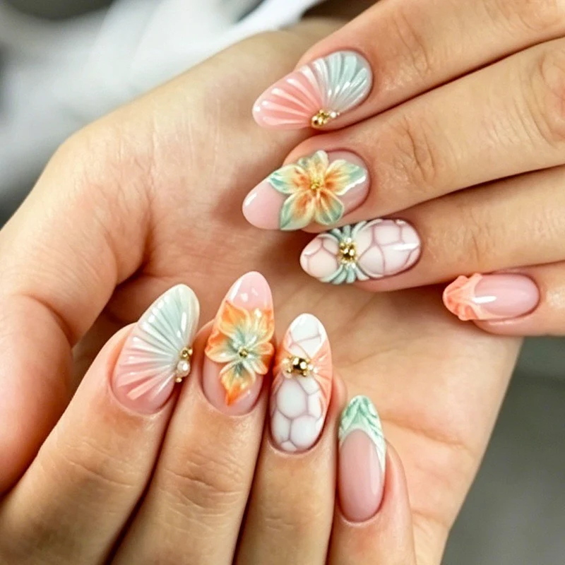 Kunstnagelset mit floralen und glamourösen Designs Brehn