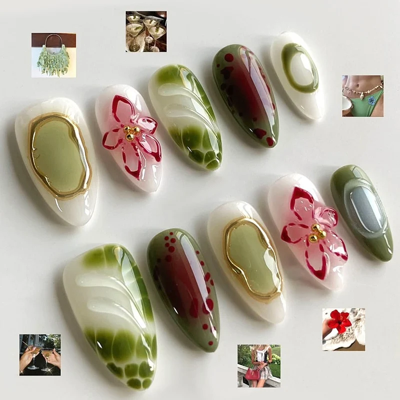 Kunstnagelset mit eleganten floralen Designs und farblichen Akzenten Brehn