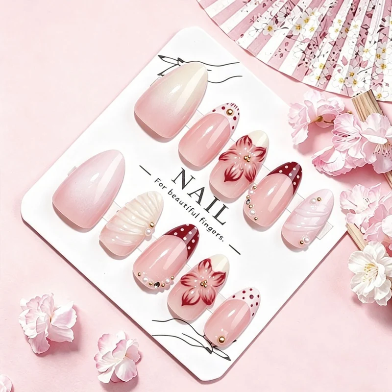 Kunstnagelset mit floralen Details und Glitzerakzenten Brehn