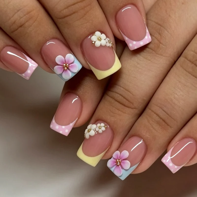Kunstnagelset mit floralen Akzenten und bunten Spitzen Brehn
