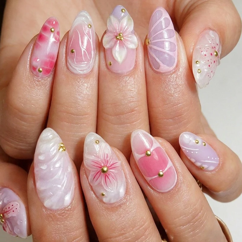 Kunstnagelset mit elegantem floralen Design und 3D-Akzenten Brehn