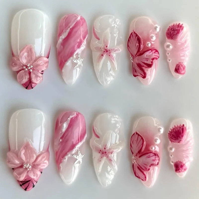 Kunstnagelset mit elegantem Blumen- und Glitzermuster Brehn