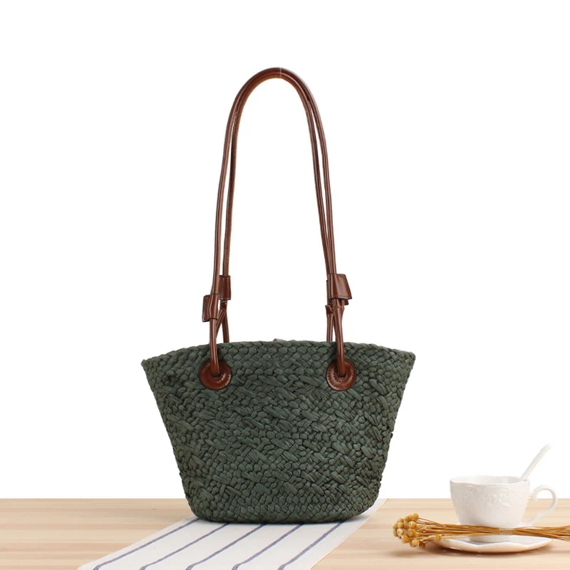 Handtasche aus Naturgeflecht mit Ledergriff Skanto