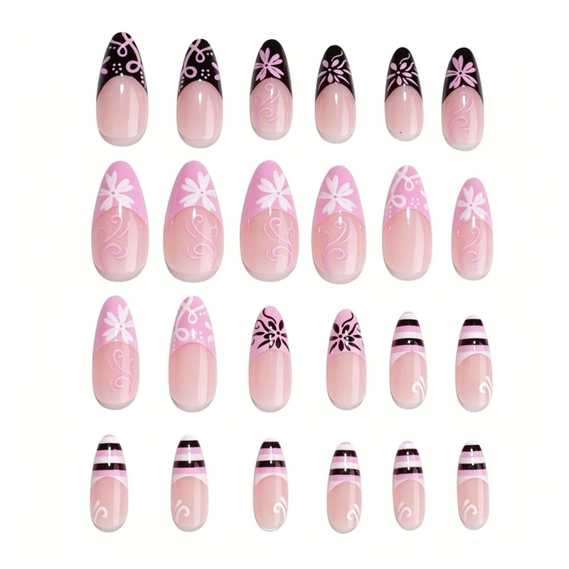 Kunstnagelset mit dekorativen blütenartigen und geometrischen Designs Brehn
