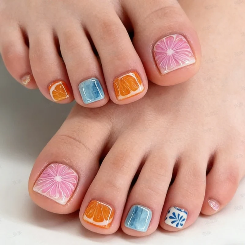 Kunstnagelset mit bunten Blumen- und Fruchtmotiven Brehn
