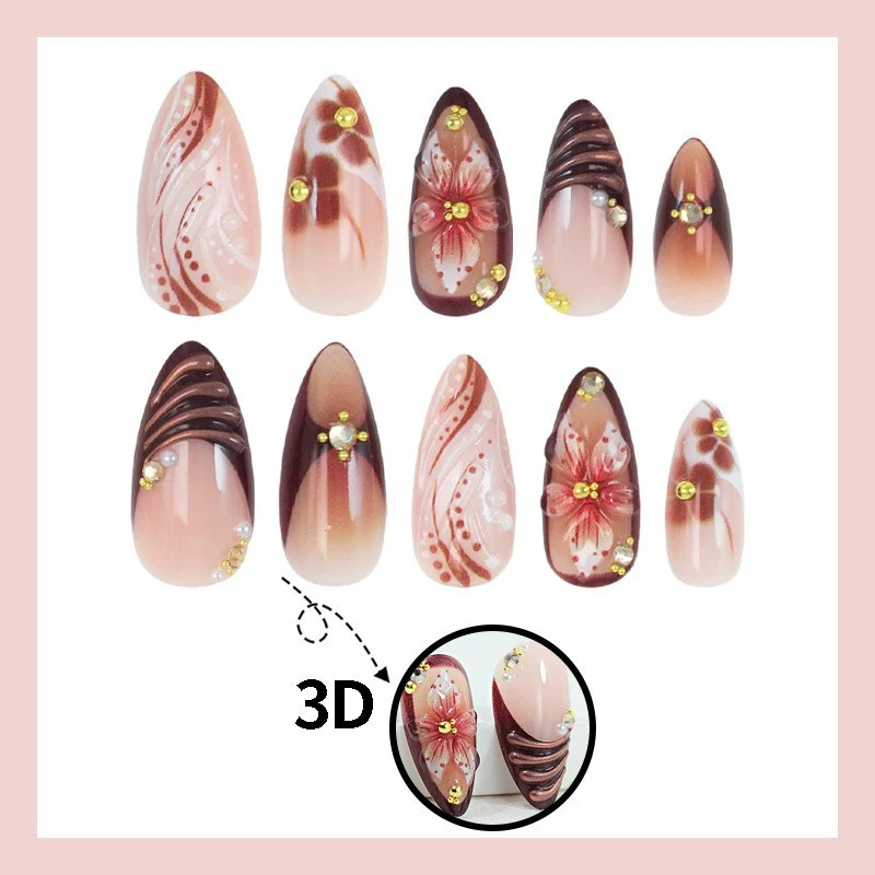 Kunstnagelset mit eleganten 3D-Blütenakzenten und glamourösen Designs Brehn