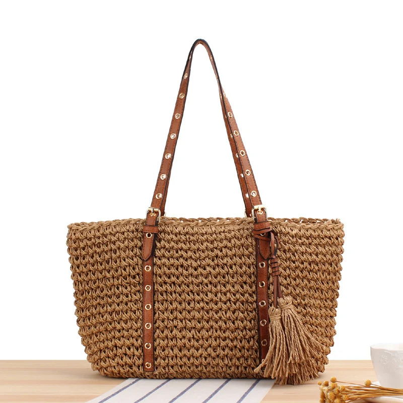 Große gewebte Strandtasche mit eleganten Kontrastgriffen Skanto