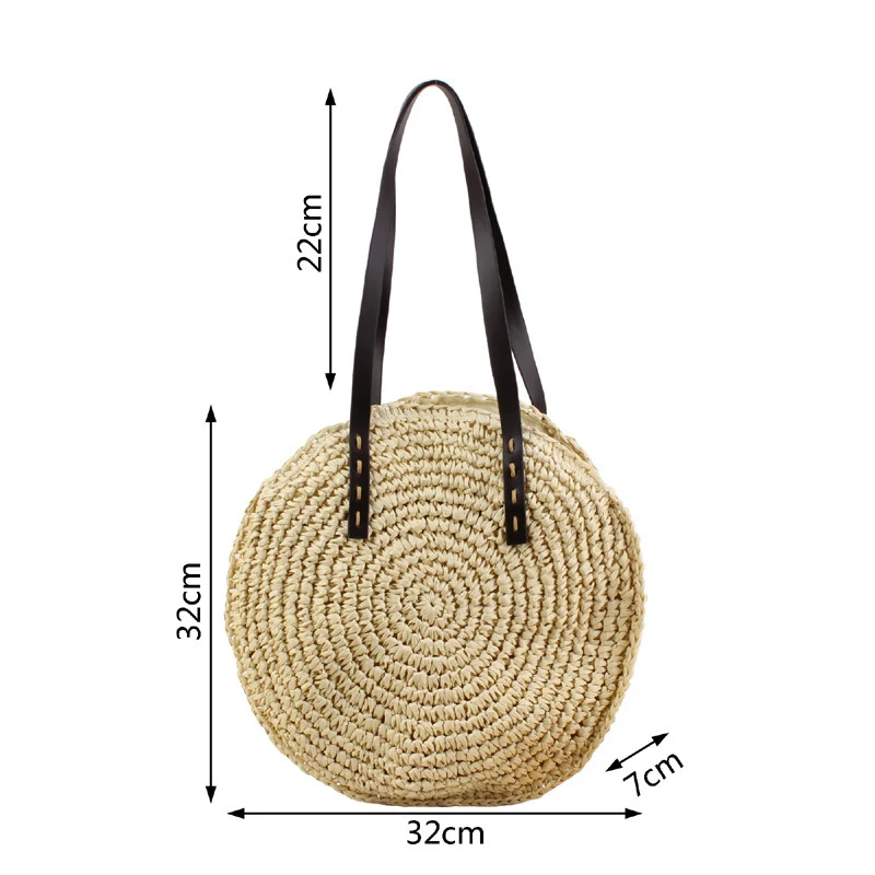 Runde Stroh-Tragetasche mit lederverziertem Griff Skanto