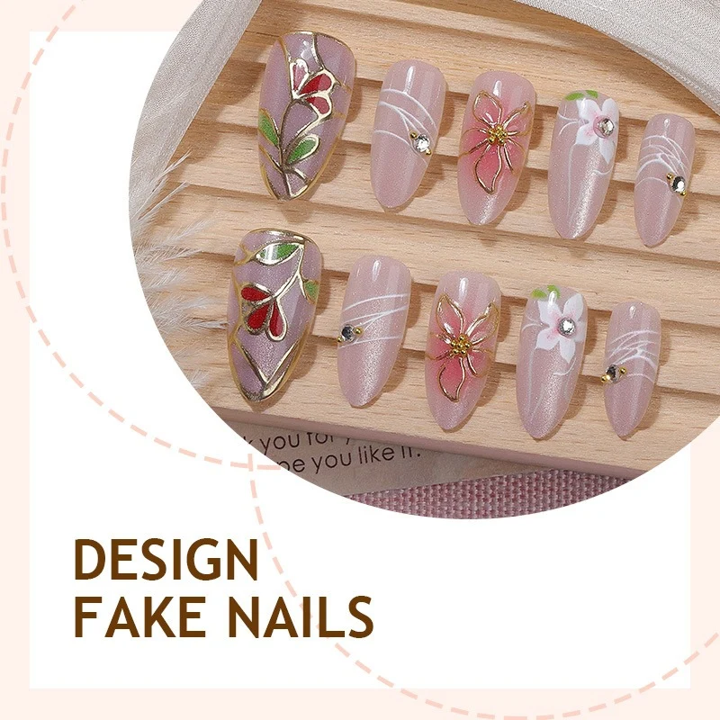 Künstliche Kunstnägel mit floralem Design und schimmerndem Finish Brehn