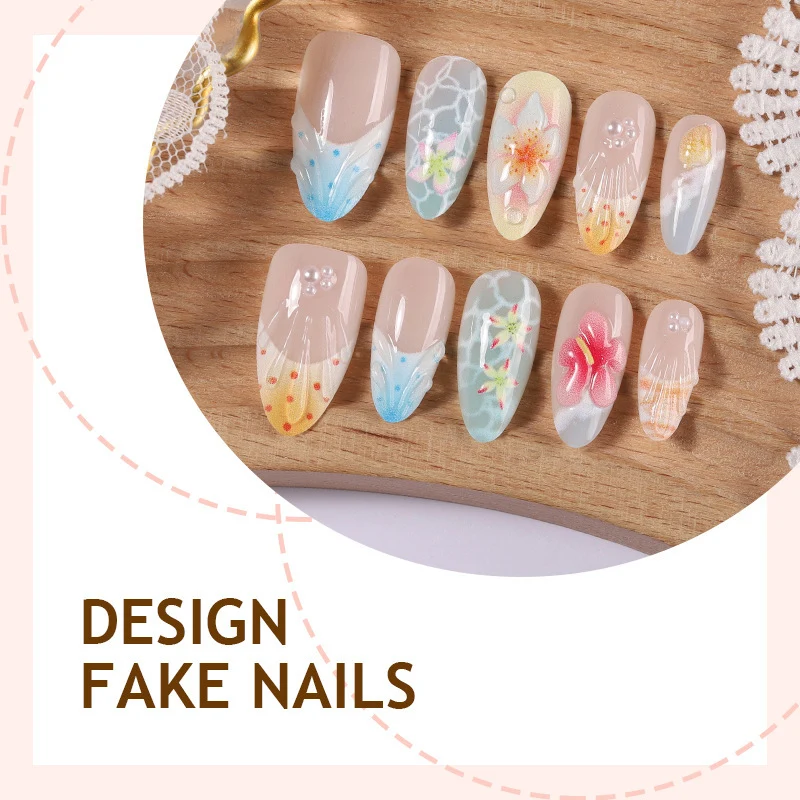 Kreatives Kunstnagelset mit floralen und bunten Designs Brehn