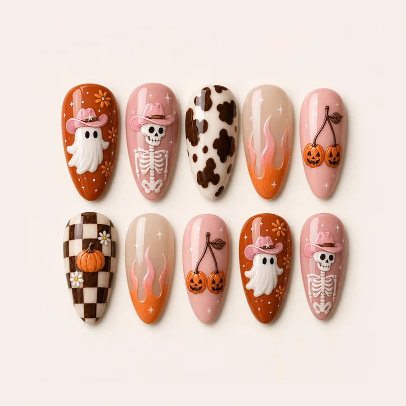 Kreatives Halloween Kunstnagelset mit verspielten Motiven Brehn
