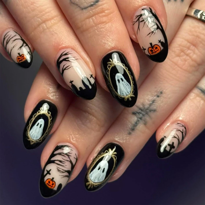 Kreatives Halloween Kunstnagelset mit Geister- und Kürbisdesigns Brehn