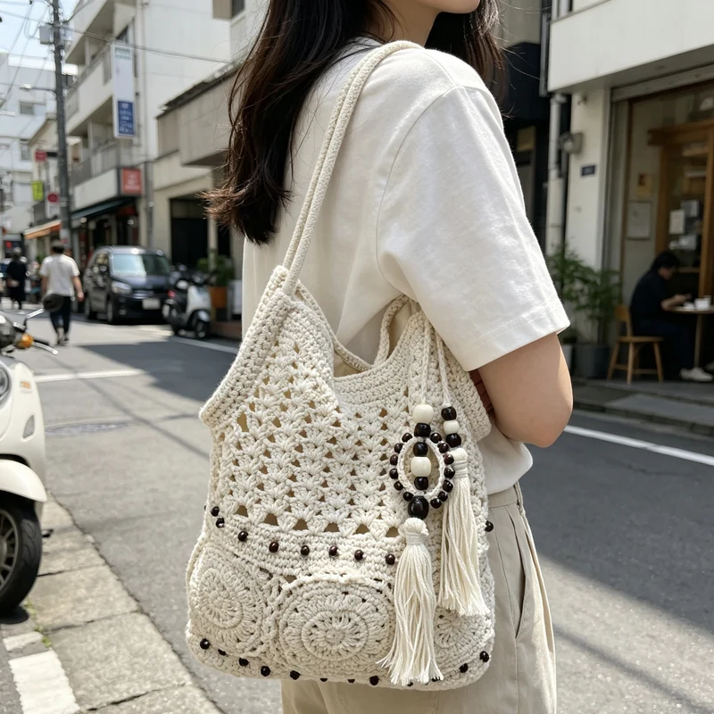 Moderne Makramee-Tasche mit detaillierten Perlenverzierungen Skanto