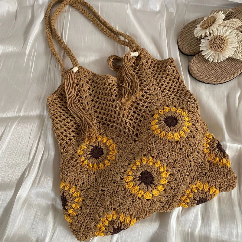Makramee-Einkaufstasche mit Sonnenblumenmuster Skanto