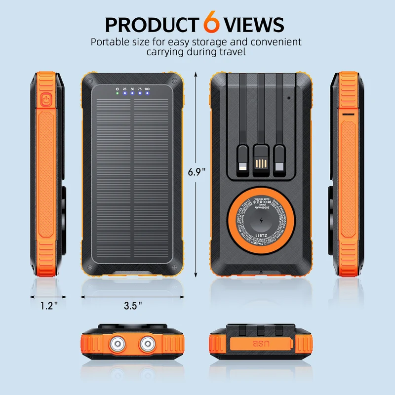 Solar Powerbank mit multifunktionalem LED-Licht und integriertem Ladekabel Skanto