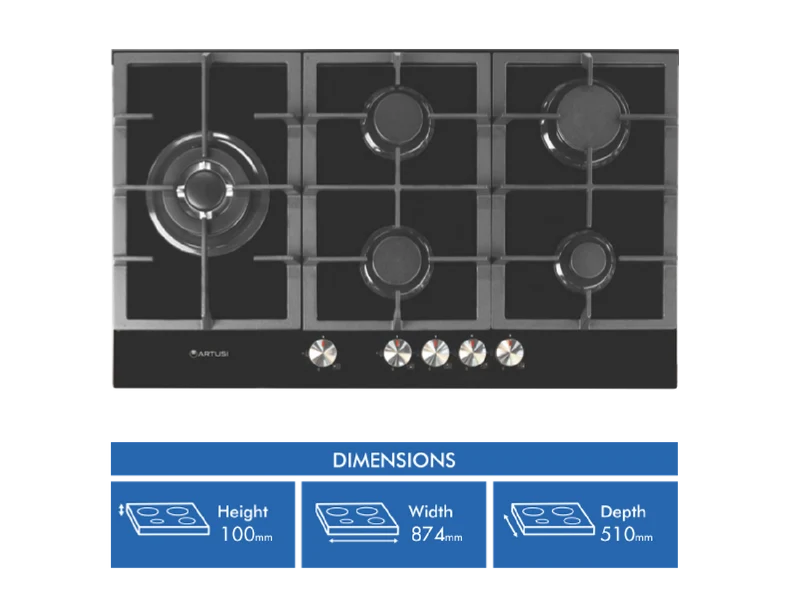 ARTUSI 90cm Gas Cooktop Black Glass