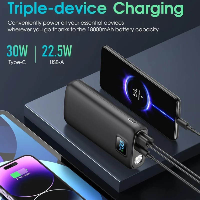 Tragbare Powerbank mit digitalem LED-Display und Taschenlampenfunktion Skanto